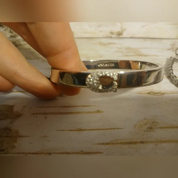 NWT Lot Of 2 Coach Silver Bracelets C Rhinestone Open Bangle & Charm - Picture 2 of 5